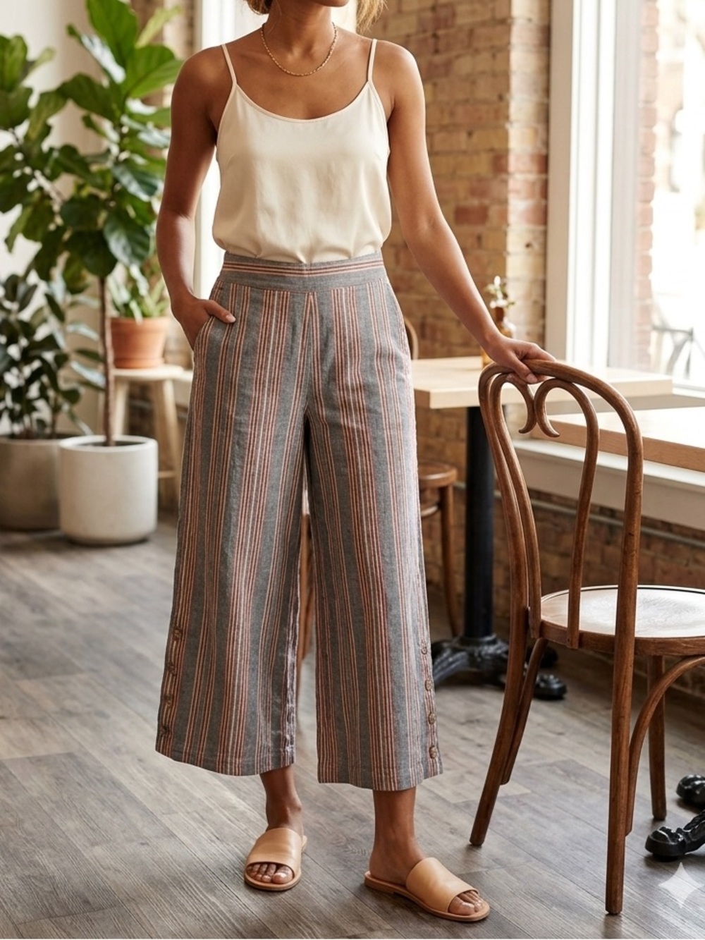 Madewell Huston Crop Pull-On Pants Linen Blend Striped Side Button❤️